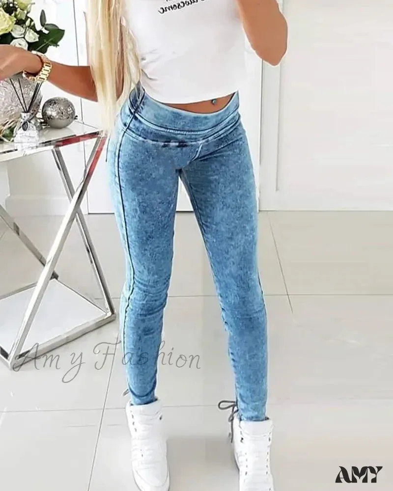 Amy Fashion - Slim-Fit Lace Up for Women Spring Autumn Fashion Streetwear Trousers Mid Waist Denim Pencil Pants Jean