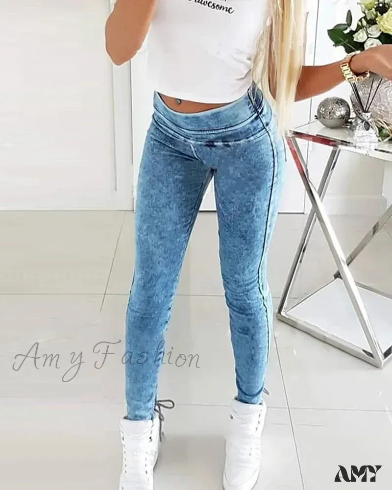 Amy Fashion - Slim-Fit Lace Up for Women Spring Autumn Fashion Streetwear Trousers Mid Waist Denim Pencil Pants Jean