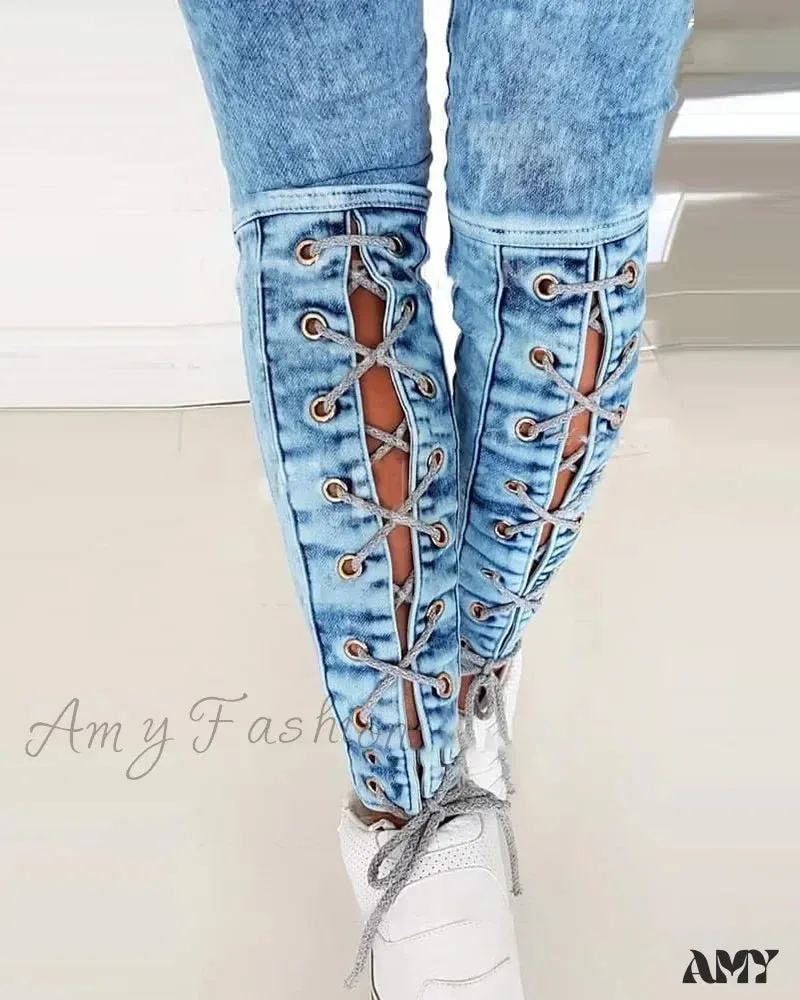 Amy Fashion - Slim-Fit Lace Up for Women Spring Autumn Fashion Streetwear Trousers Mid Waist Denim Pencil Pants Jean