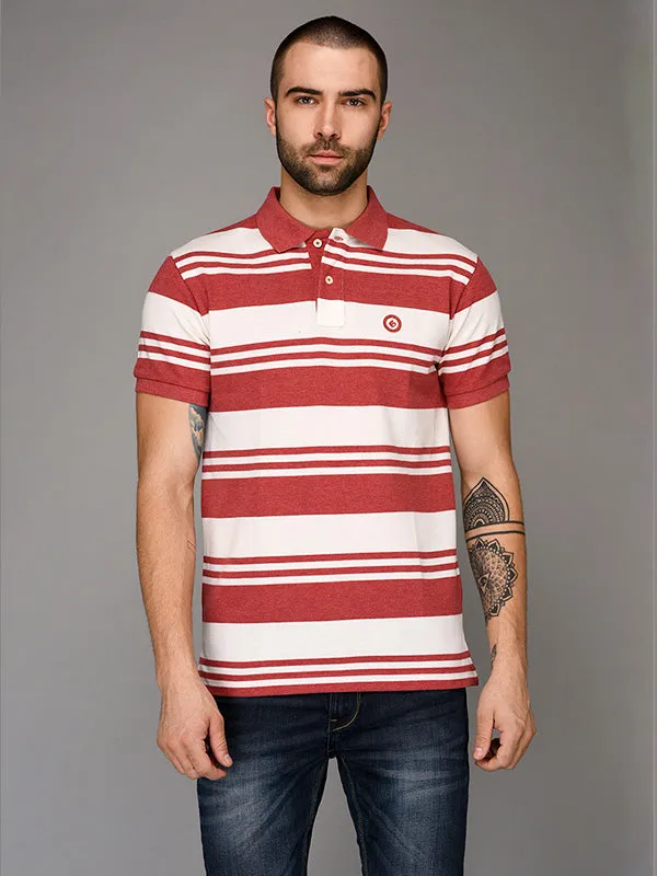 Greenfibre White & Red Striped Slim Fit Polo T-Shirt