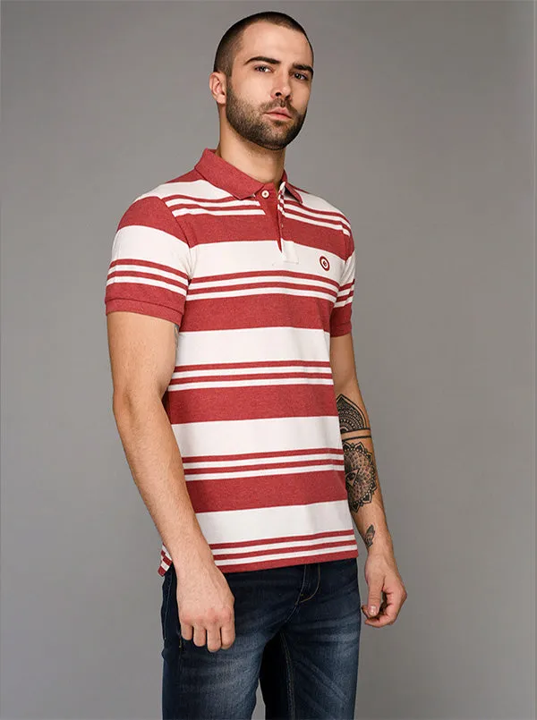 Greenfibre White & Red Striped Slim Fit Polo T-Shirt