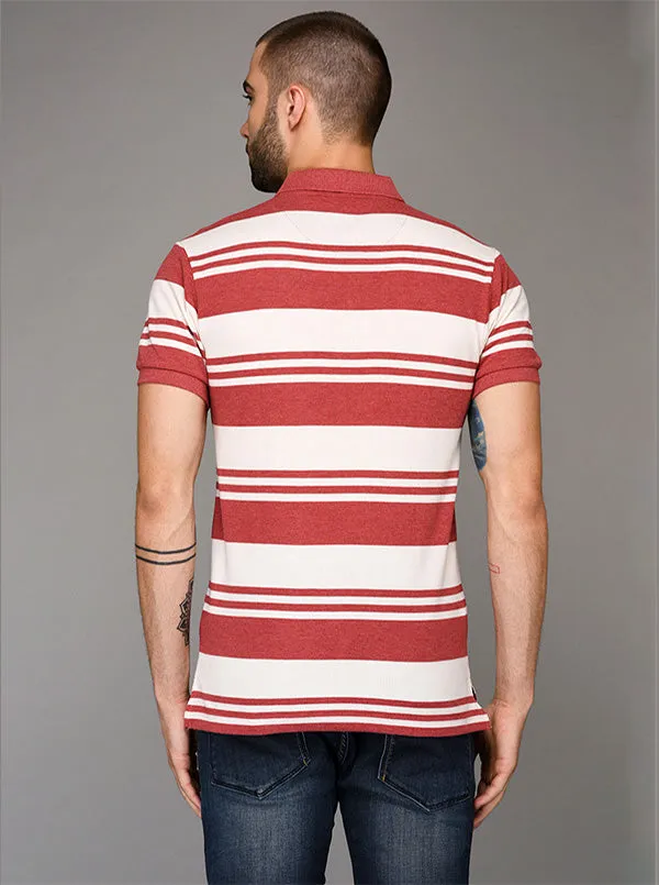 Greenfibre White & Red Striped Slim Fit Polo T-Shirt