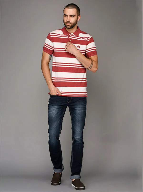 Greenfibre White & Red Striped Slim Fit Polo T-Shirt