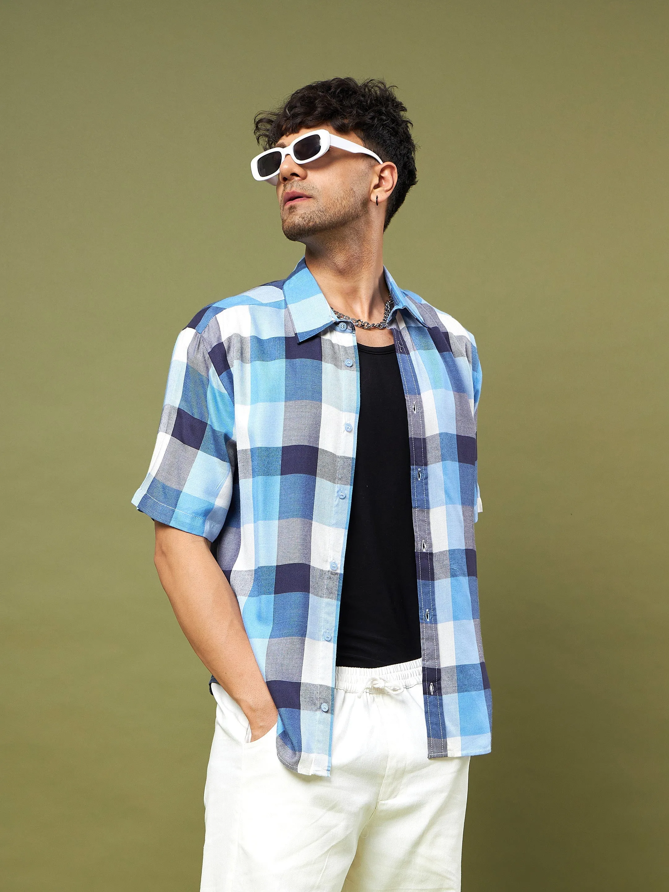 Men Blue & Navy Check Half Sleeve Relax Fit Shirt