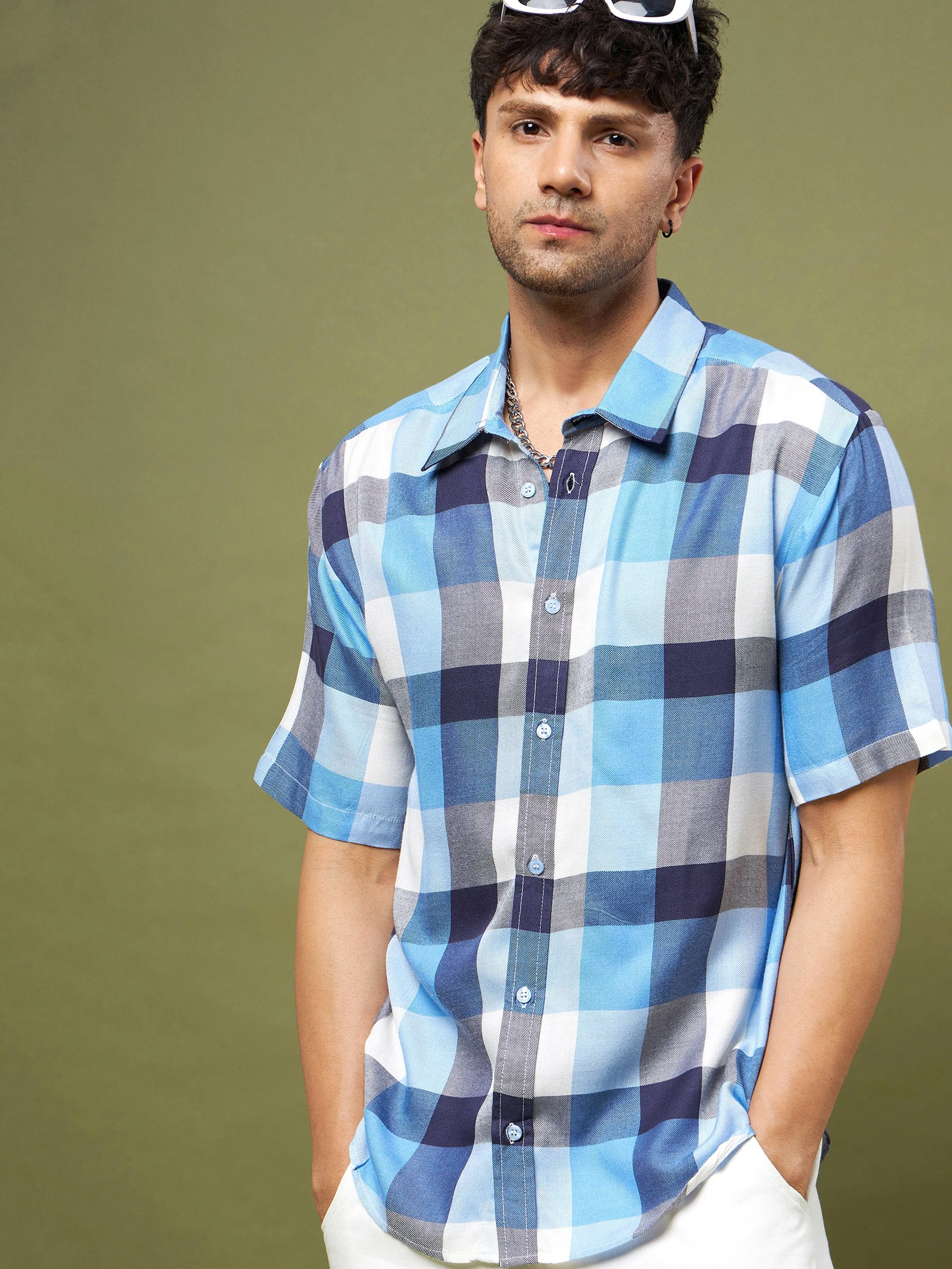 Men Blue & Navy Check Half Sleeve Relax Fit Shirt