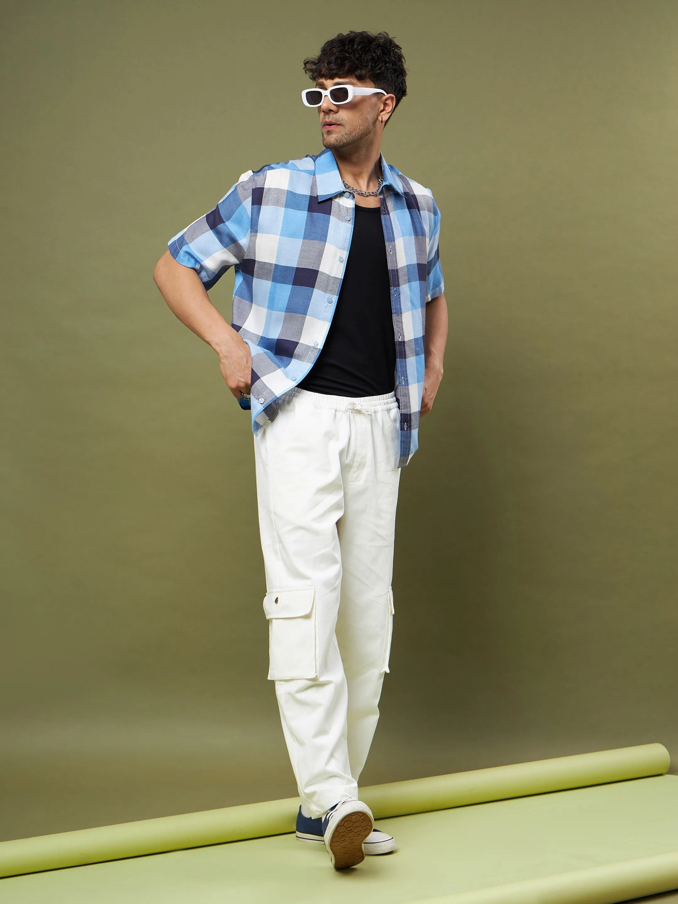 Men Blue & Navy Check Half Sleeve Relax Fit Shirt