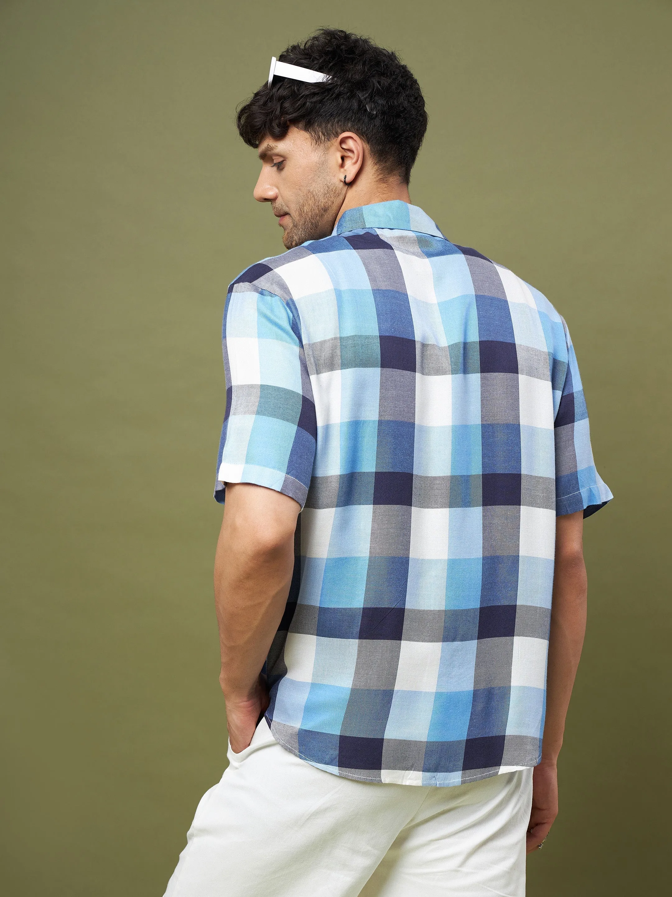 Men Blue & Navy Check Half Sleeve Relax Fit Shirt