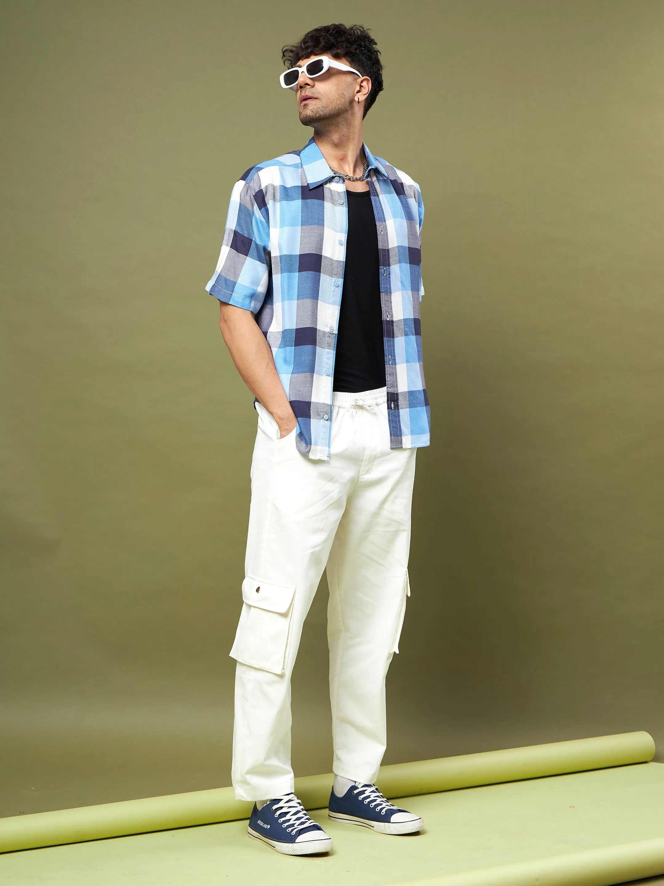Men Blue & Navy Check Half Sleeve Relax Fit Shirt