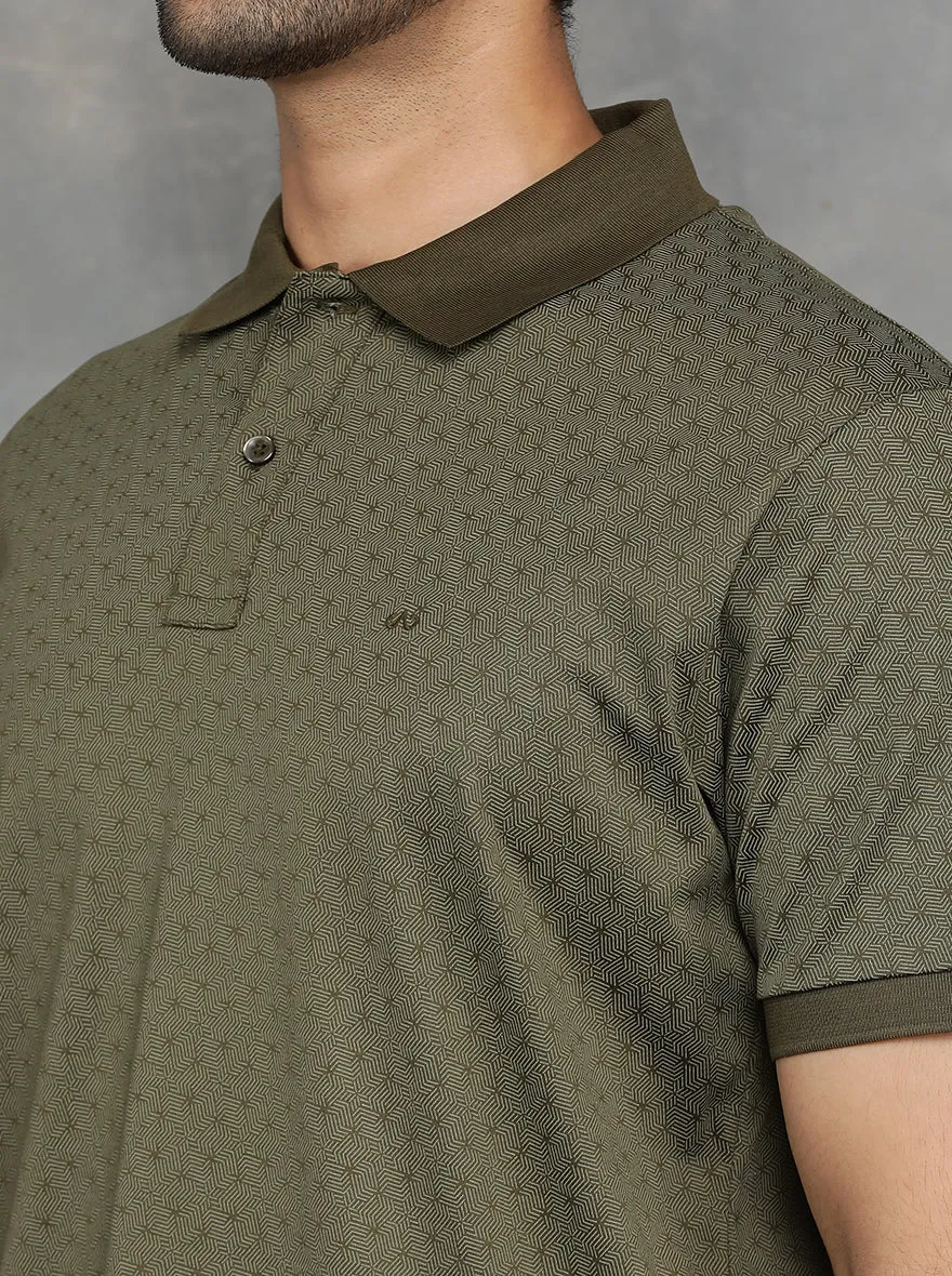 Olive Green Printed Regular Fit Polo T-Shirt | JadeBlue