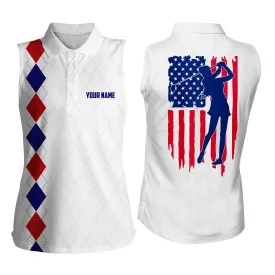 Womens Sleeveless polo shirt American flag patriotic golf shirts custom name golf gifts